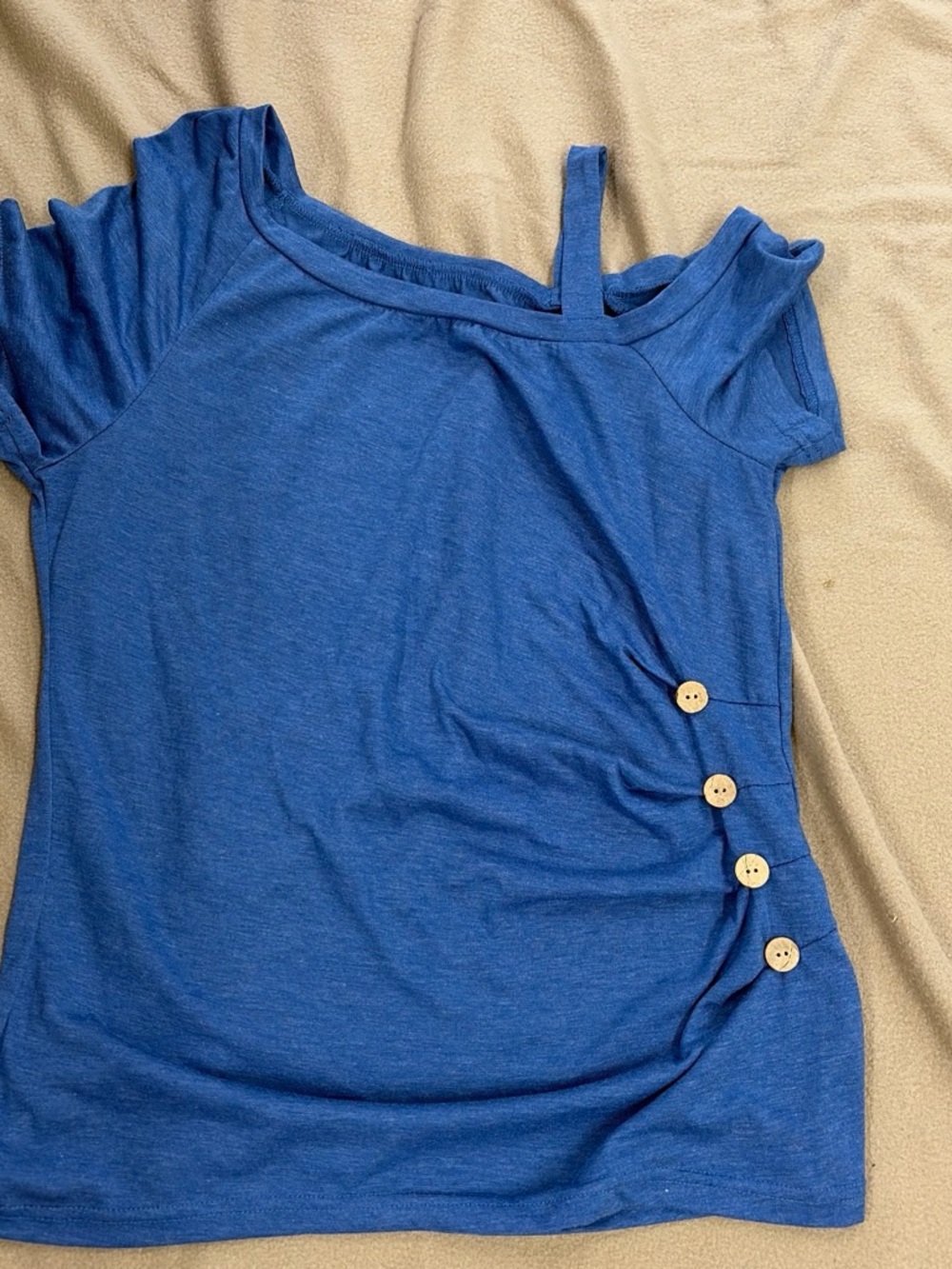 Women’s Blue Off-Shoulder Short Sleeve Top with Side Button Detail